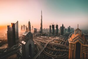 Exploring Dubai - sunrise over Dubai skyline