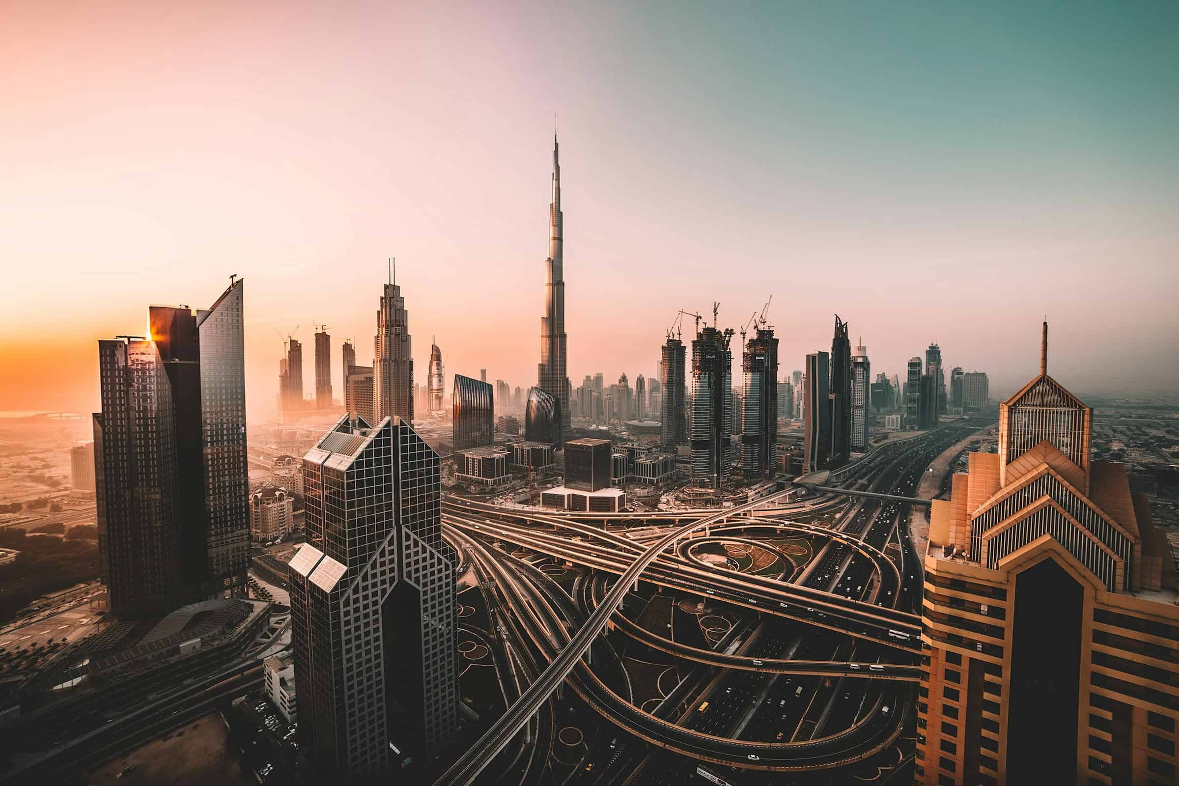 Exploring Dubai - sunrise over Dubai skyline