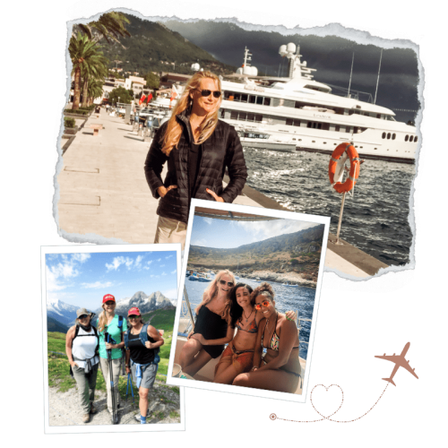 solo vs group travel; images of a solo female traveler next to images of a group of friends traveling