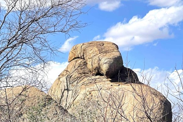 a rock formation that looks like a Gila Monster sitting on another rock - at Tombstone Monument Ranch, an Arizona Dude Ranch